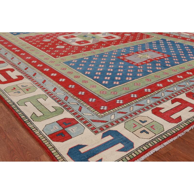 Hand Knotted Oriental 100% Wool Carpet Traditional Geometric Multi-Colored Kazak Area Rug - 11' 5'' X 8' 6''