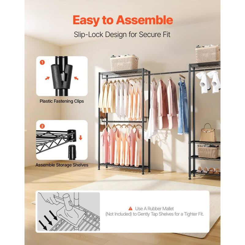 Black Adjustable Garment Rack with 6 Storage Shelves and Telescopic Rods for Clothing and Bags - 96.06” x 14.96” x 71”
