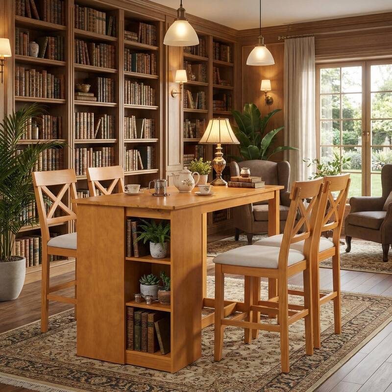 Homylin Solid Rubberwood Counter Height Dining Table Set with Storage, Brown