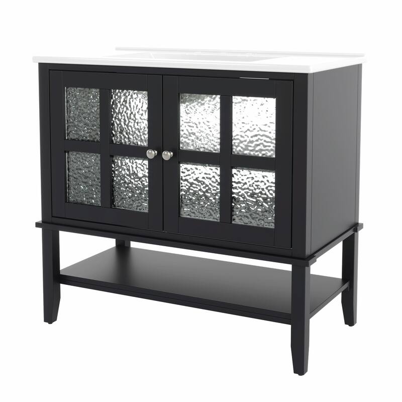 36" Bathroom Vanity with Ceramic Sink, Adjustable Shelf and Open Shelf, Solid Wood Legs, Waterproof Painted Finish