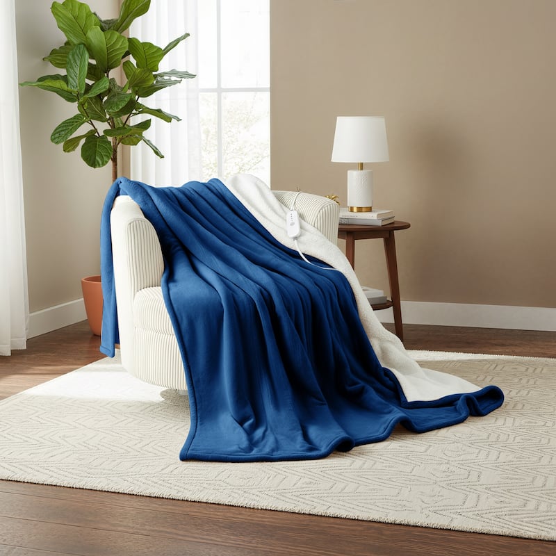 Flannel and Sherpa Fleece Throw Heated Blanket with a Controller - 50"*60" - Navy