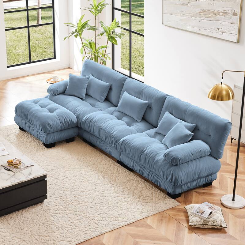 GDFStudio - Octavian Chenille 3-Seater Cloud Sofa with 1 Convertible Ottoman - Blue