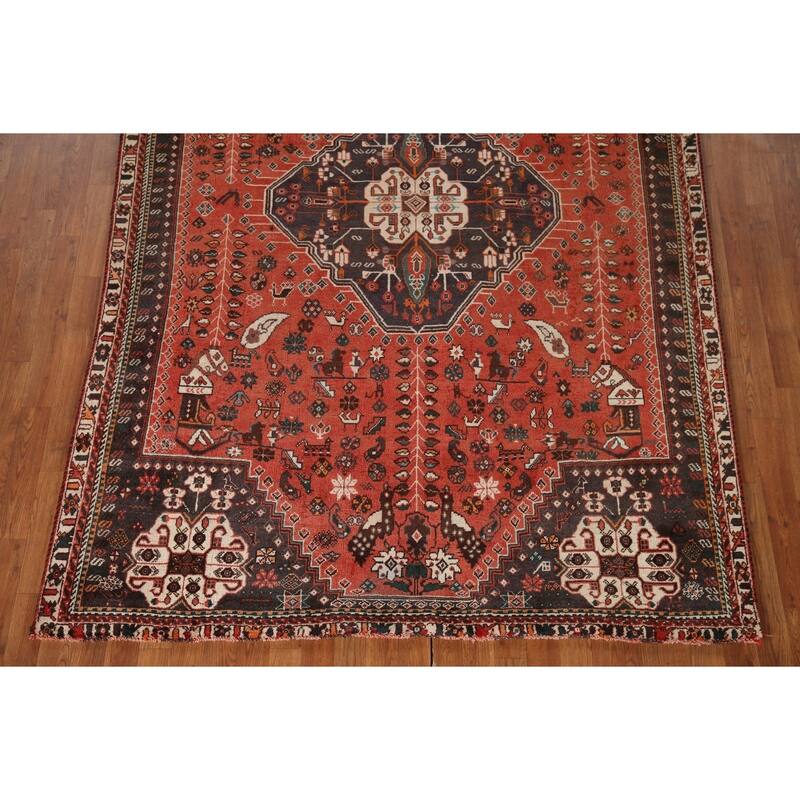 Vegetable Dye Handmade Shiraz Persian Vintage Rug Orange Wool Carpet - 6'2"x 9'4"