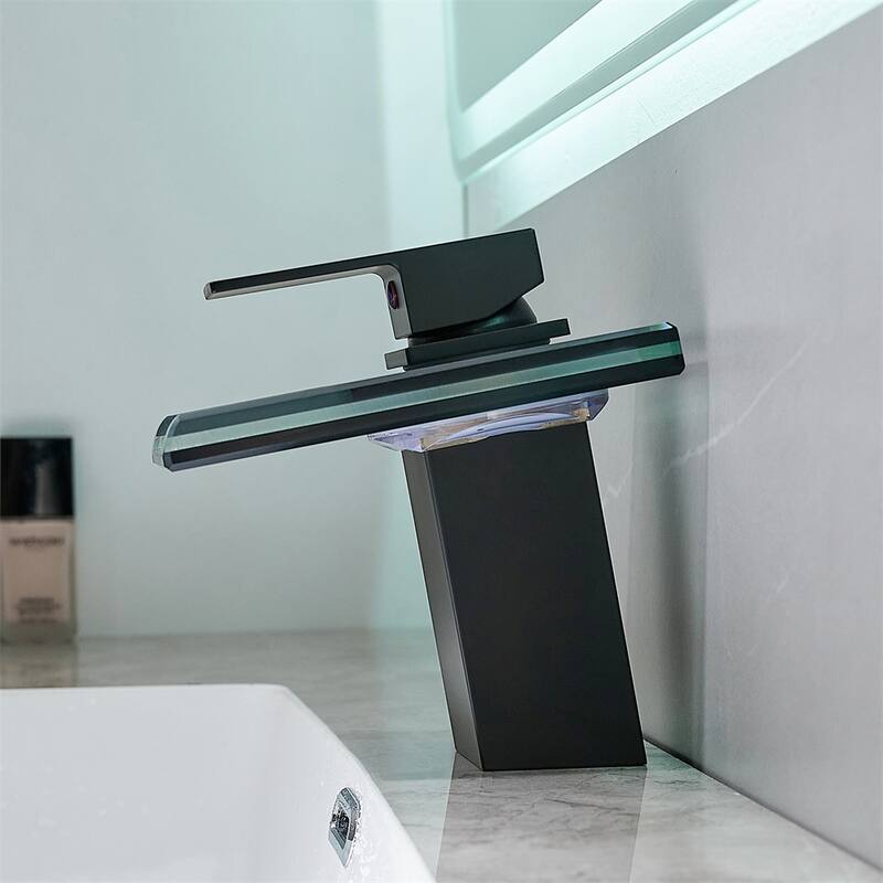 LED Bathroom Sink Faucet with Waterfall Spout and Hot Cold Water Mixer