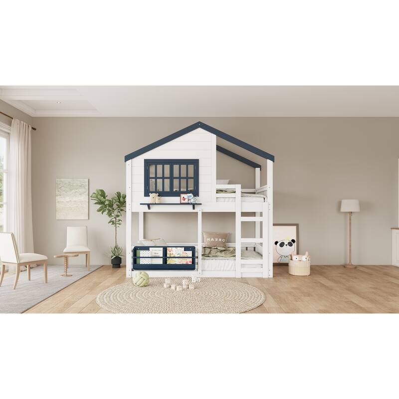 Twin Size Bunk Bed/Loft Bed with Bookshelf, House Design, High-Quality Safety Fencing