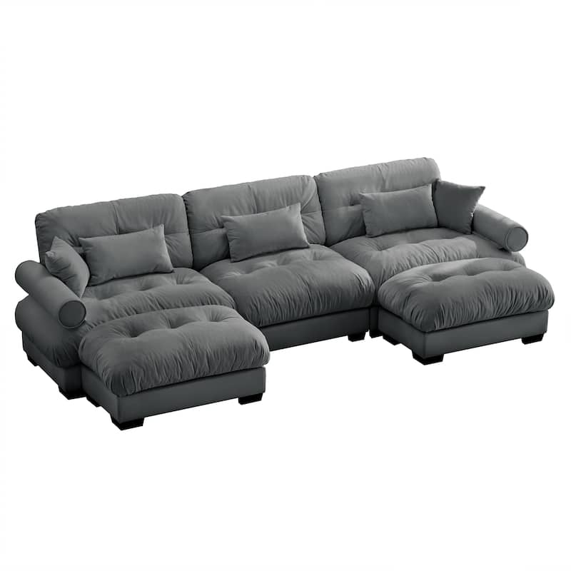 U-Shaped Velvet Sectional Sofa Set with Ottoman, 130" 3-Seater Modular Sofa withRound Armrests, Modern Upholstered Couch