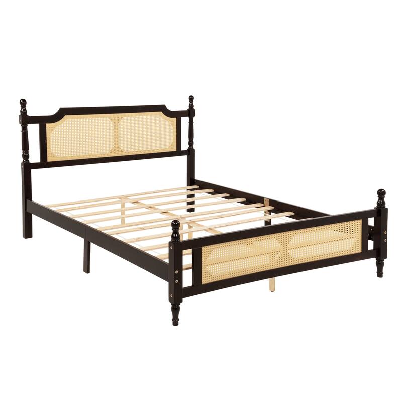 Classic Platform Bed Queen Size Bed Wooden Frame Bed with Rattan Headboard, Footboard and Central Enhanced Bed Platform