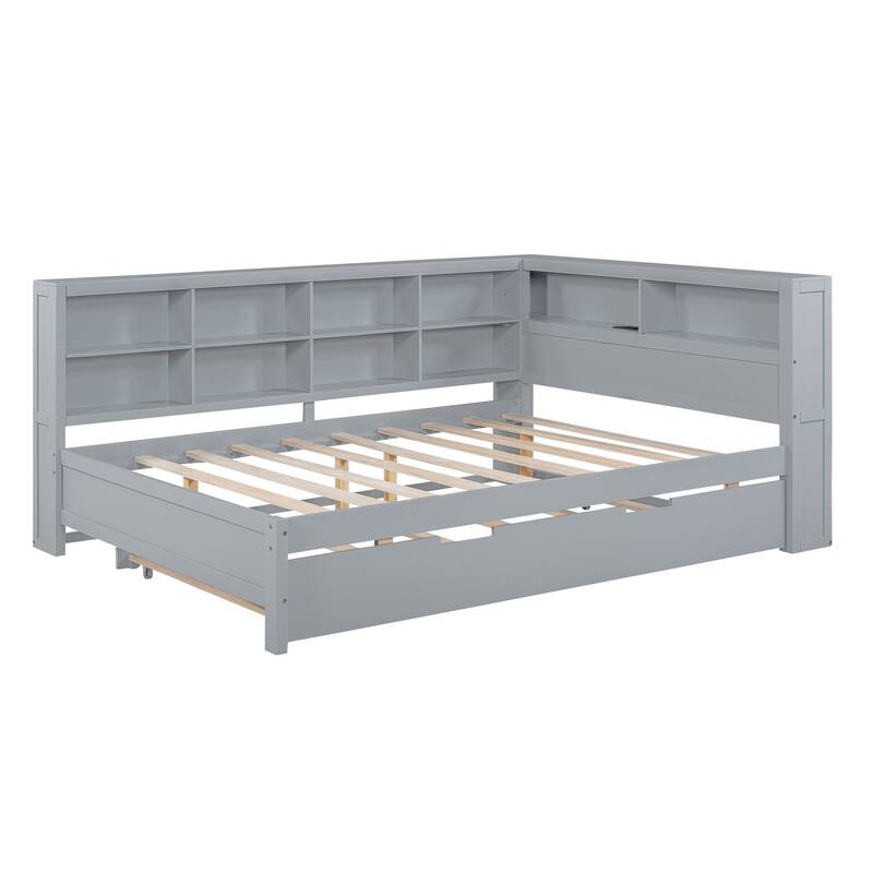 Roomfitters Wooden Full Daybed with Twin Trundle, Storage Shelf & USB Charging Ports, Grey