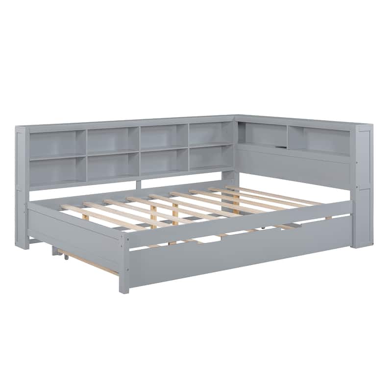 Wooden DayBed with Trundle, Storage Shelf and USB Charging Ports