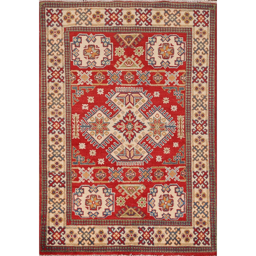 Geometric Kazak Oriental Rug Home Decor Hand-Knotted Wool Carpet - 3'3" x 4'10"