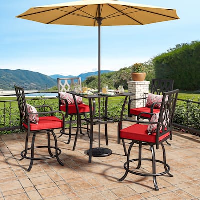 Outdoor 4-Person Patio Dining Set with Red Cushion Chairs, Metal Table