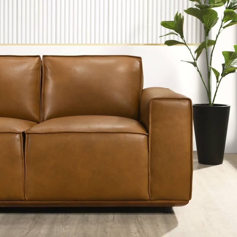 Happydays Mid Century Modern Top Genuine Leather Sofa in Tan