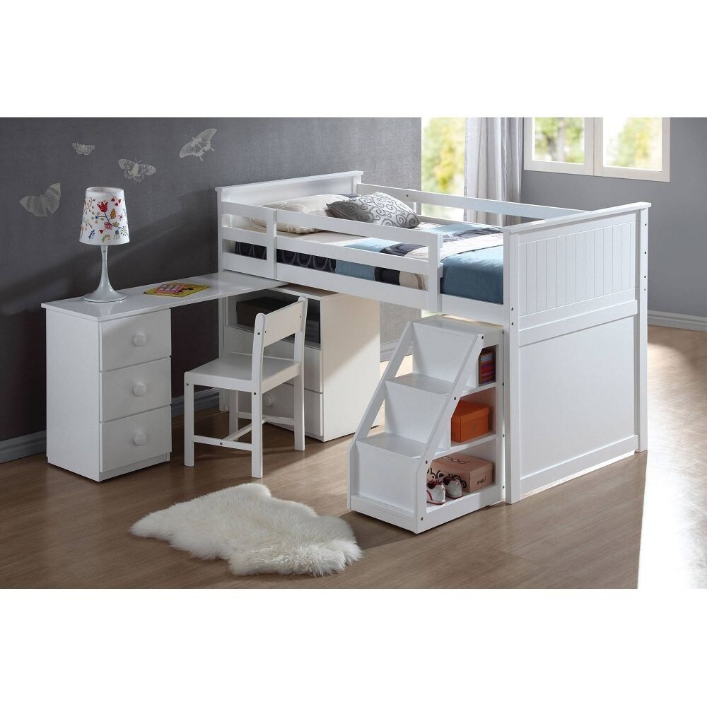 Functional White Loft Bed with Desk Ladder and Space Saving