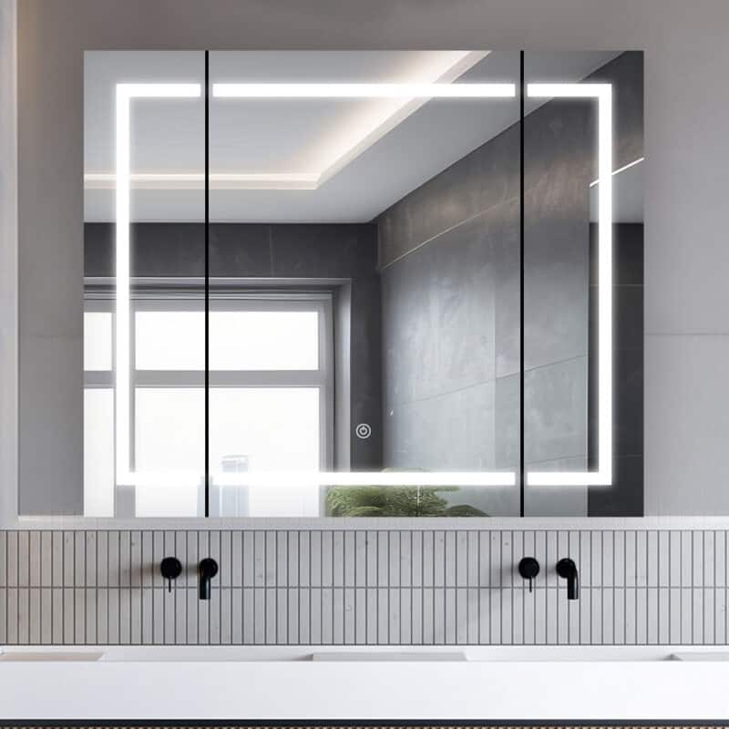 AQUADOM Royale Plus 48W Bathroom Led Lighted Medicine Cabinet Defogger, 3X LED Adjustable Magnifying Mirror, Electrical Outlets.
