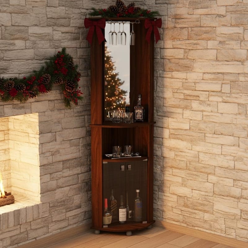 Brown Corner Bar Cabinet with Glass Rack, 2 Doors & Open Shelves