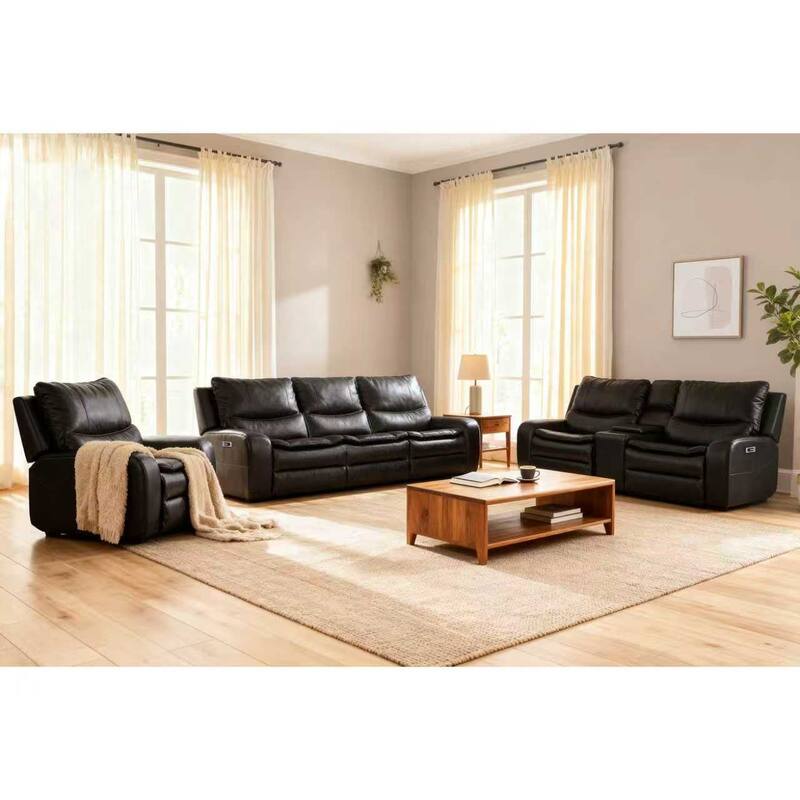 3-Piece Faux Leather Sofa Set with Double Width Seat, Power Recliner, Loveseat & Sofa, Wireless charging and Reading Lamp