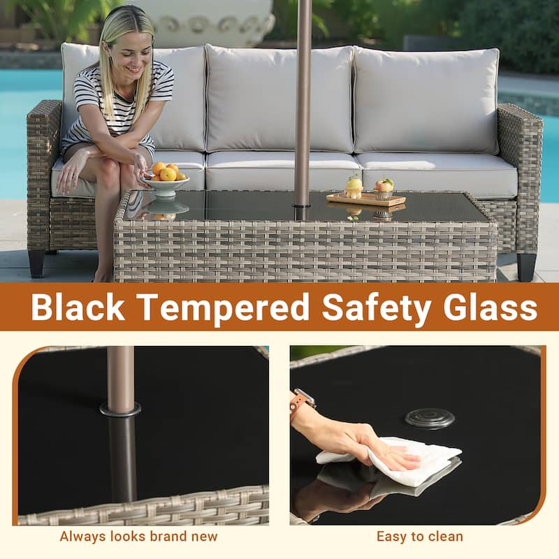 XIZZI Outdoor Wicker Coffee Table with Umbrella Hole for Garden Deck or Poolside