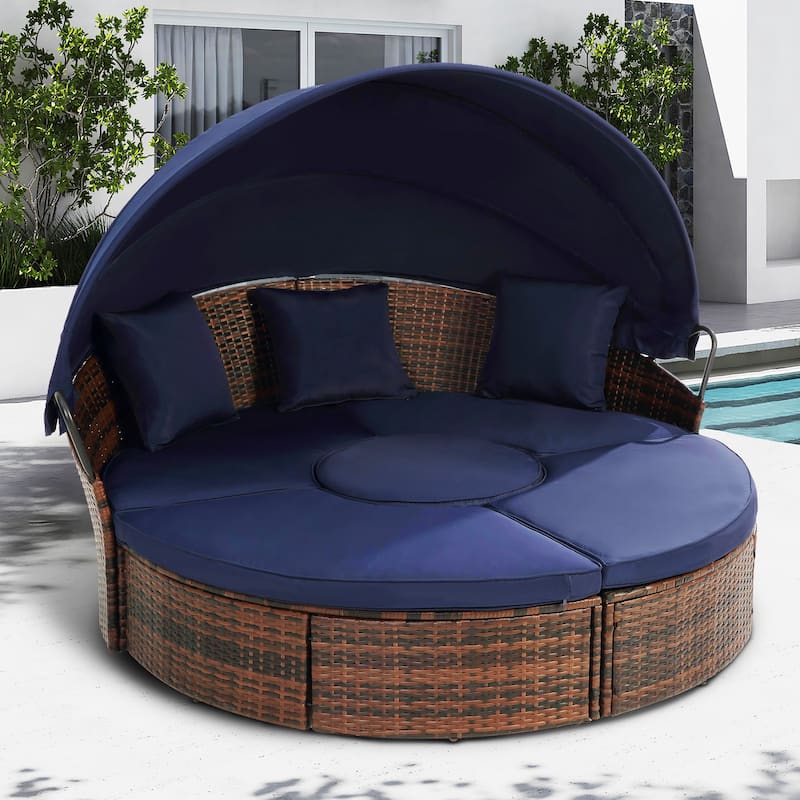 4 Piece Patio Round Rattan Daybed w/Adjustable Sun Canopy, Outdoor Sofa Bed with lift coffee table - Navy Blue
