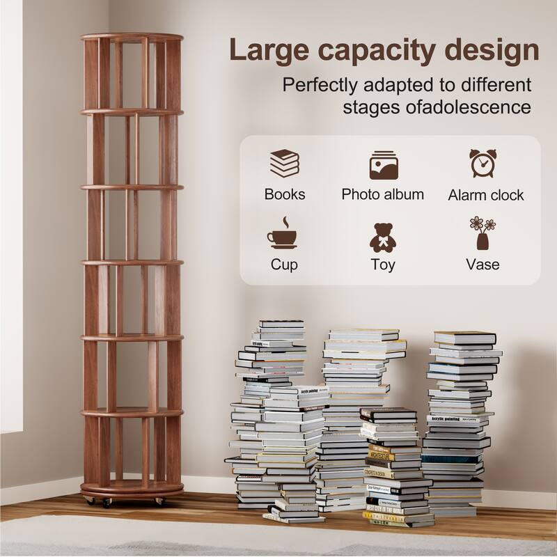 100%Solid Wood Rotating Bookshelf on Wheels, 6 Tier, Round Revolving Bookcase, 360°Spinning Book Shelf Tower, Narrow Bookshelves