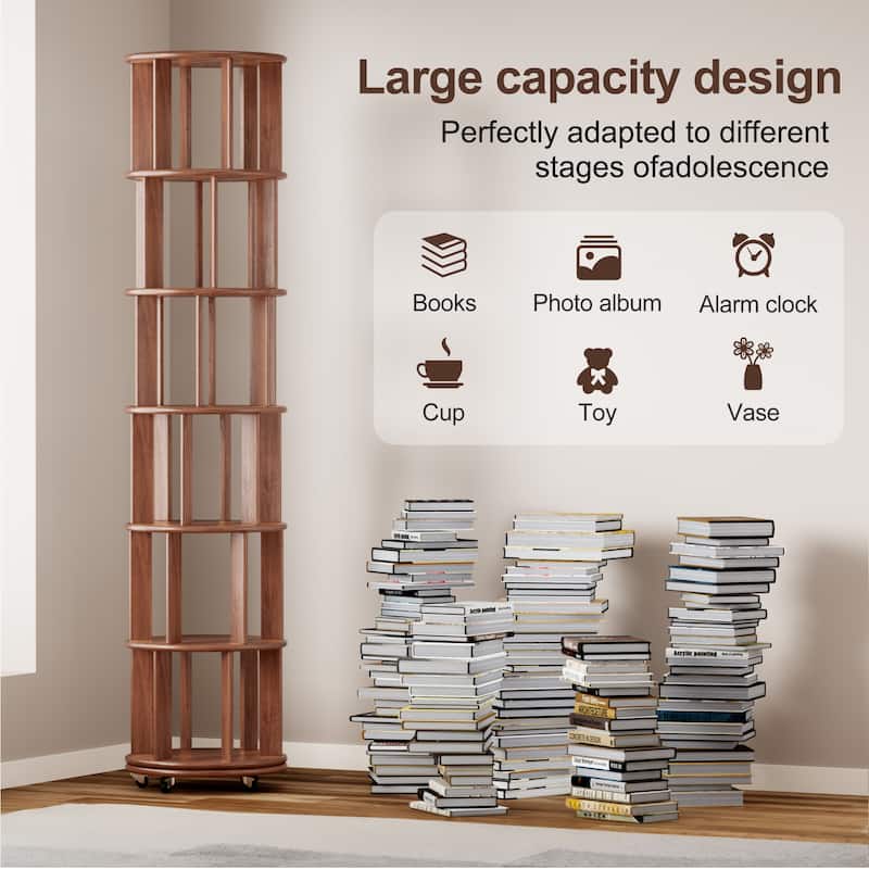 GDFStudio - Marcellin Rubberwood 360°Spinning Bookcase Tower on Wheels