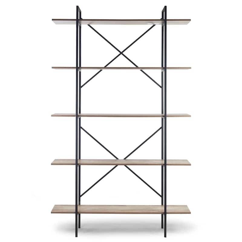 August 84.75 In. Metal Frame Light Brown Etagere Bookcase Five-shelf