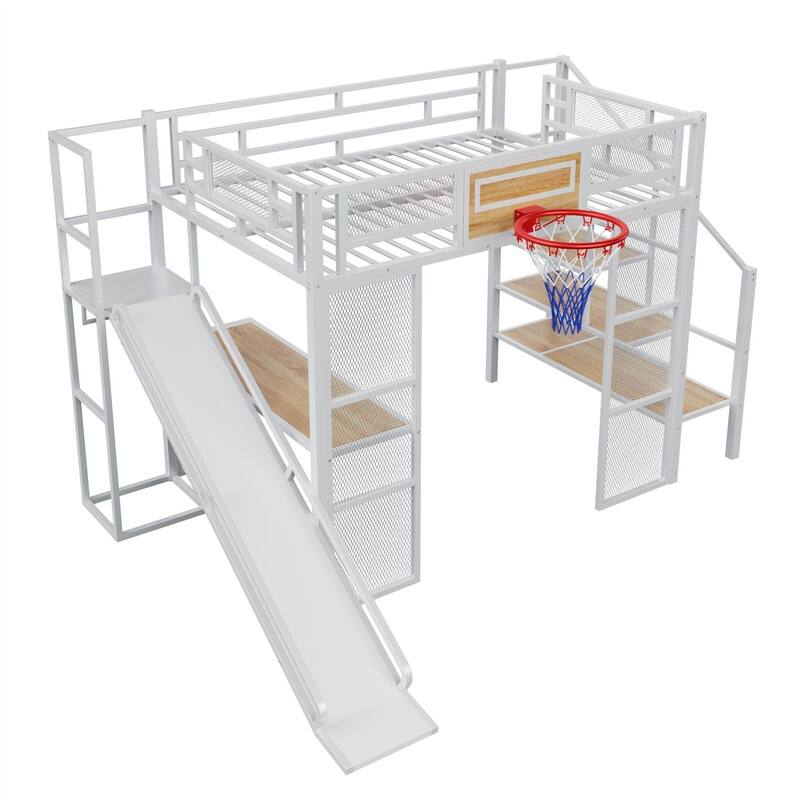 Metal Loft Bed with Bulit-in Desk, Slide and Open Wardrobe, Full Size Loft Bedframe with Storage Staircase and Basketball hoop