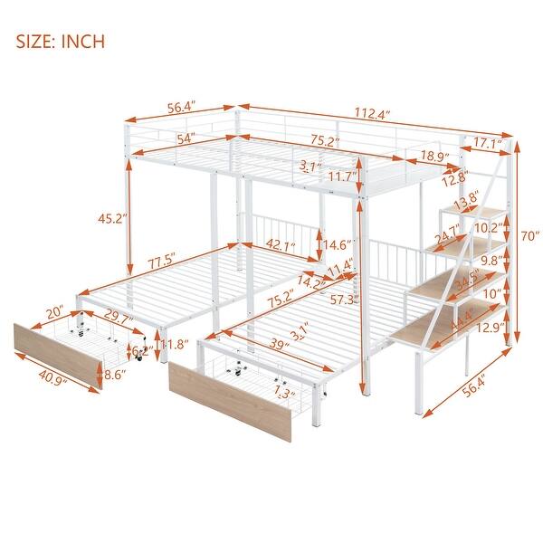 dimension image slide 1 of 2, Modern Full over Twin-Twin Triple Bunk Bed with Storage Drawers and Staircase for Dorm, Bedroom, Convertible into 3 Beds