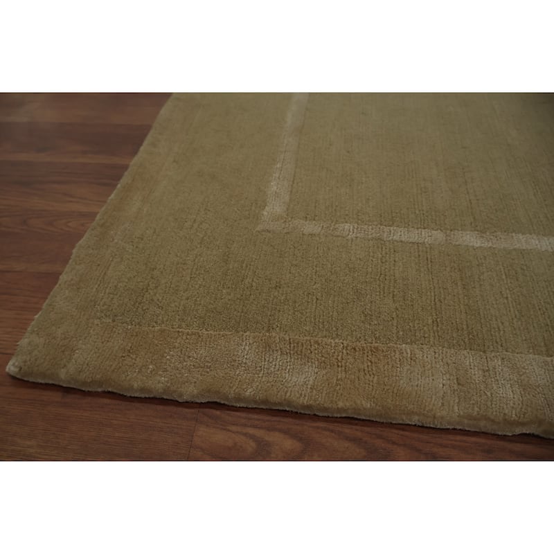 Hand Knotted Oriental Wool & Silk Carpet Modern Geometric Beige & Ivories Nepalese Area Rug - 10' 0'' X 8' 1''