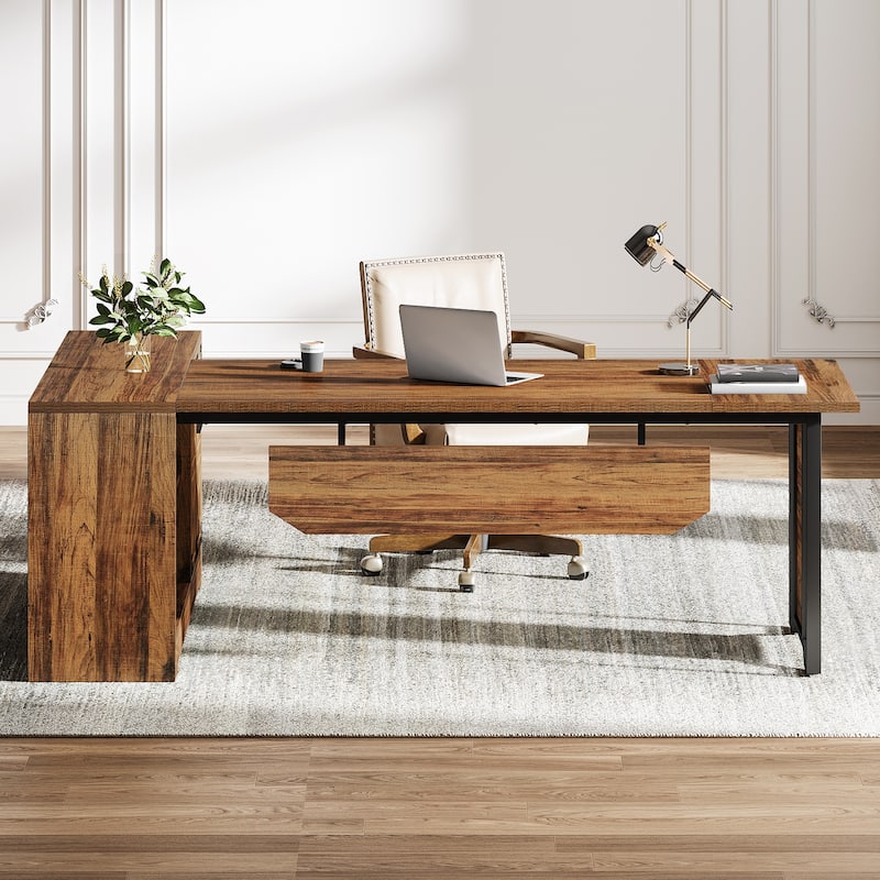 78" L-Shaped Executive Desk, Large Office Desk with Double-Door Storage Cabinet