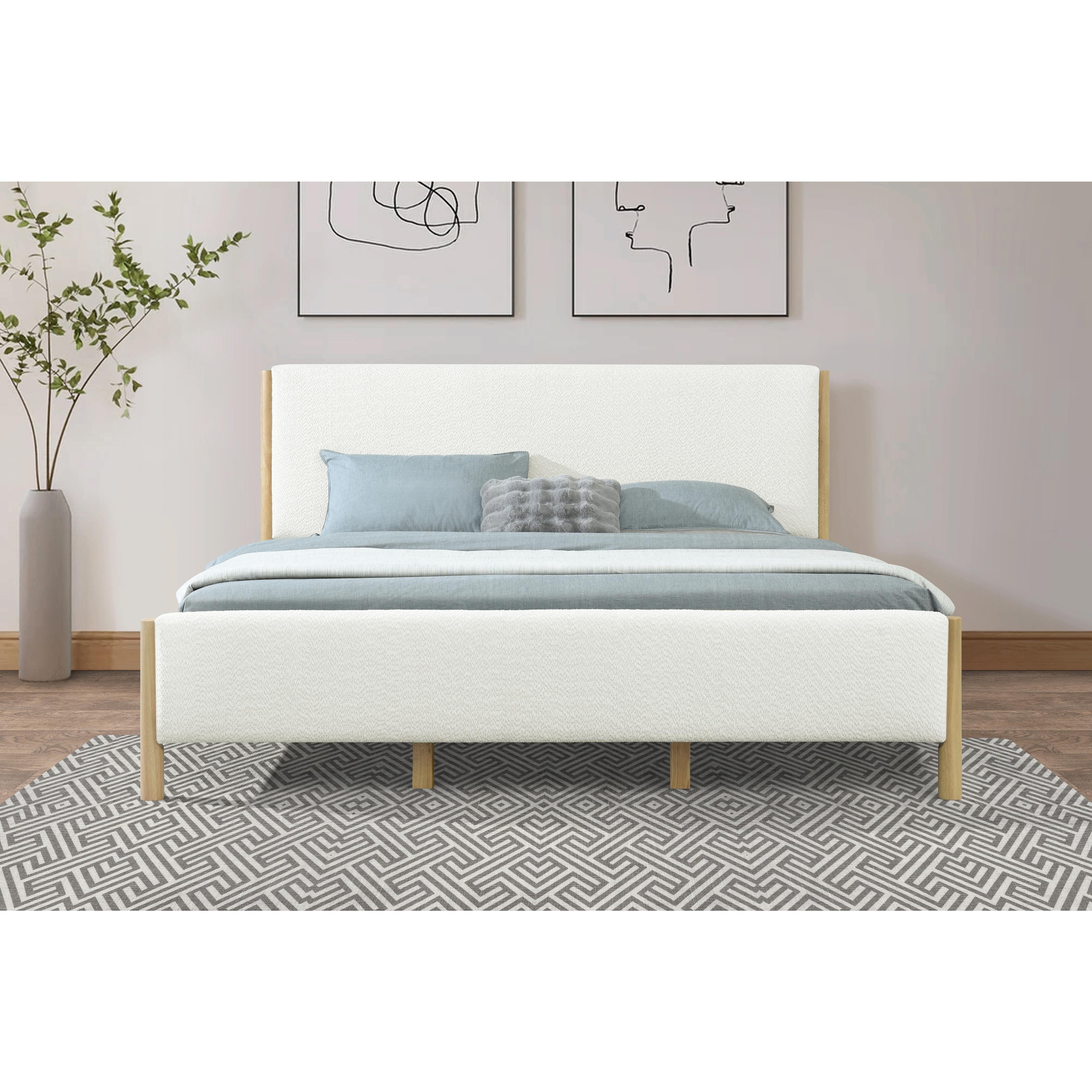 Modern White Bouclé Upholstered Bed with Rubberwood Legs