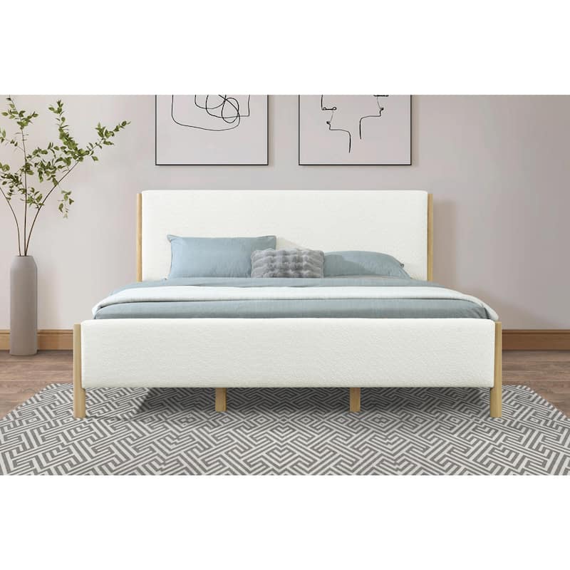 Modern White Bouclé Upholstered Bed with Rubberwood Legs - White - King