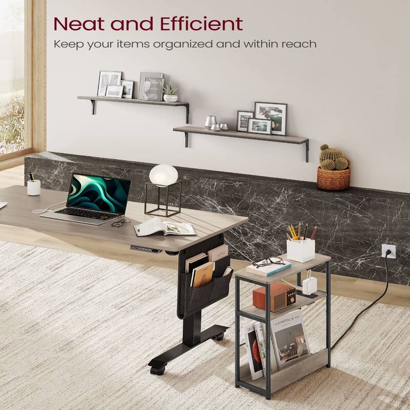 Space-Saving End Table with 3 Storage Shelves and Built-In Charging Station and Stable Steel Frame - 7.1"D x 17.7"W x 22.8"H