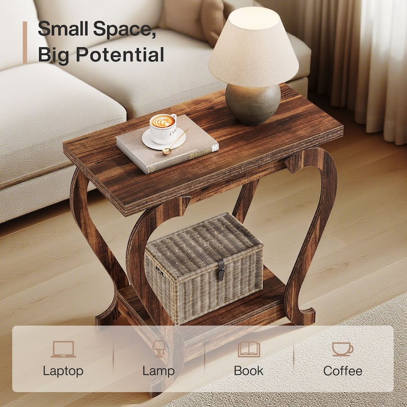 2-Tier End Table, Narrow Wood Side Table with Storage Shelves