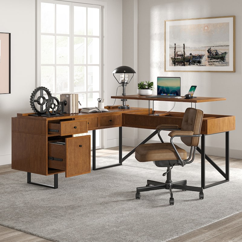 Alfons Industrial L-shaped Lift Top Cane Executive Office Desk with Drawers and Built-In Outlets by HULALA HOME