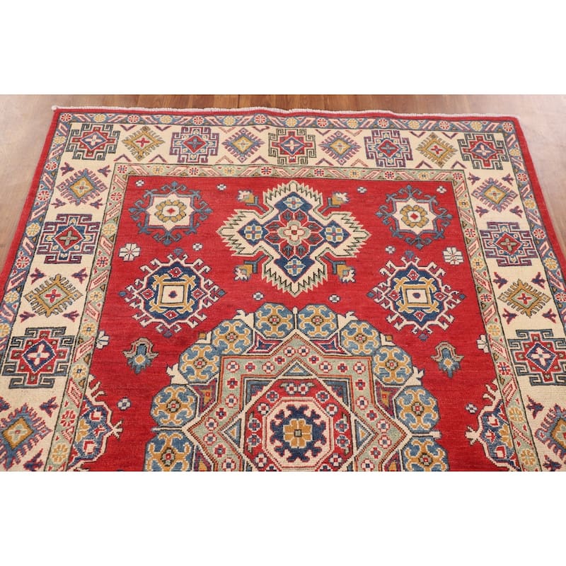 Geometric Kazak Oriental Area Rug Handmade Red Wool Carpet - 4'11" x 7'1"