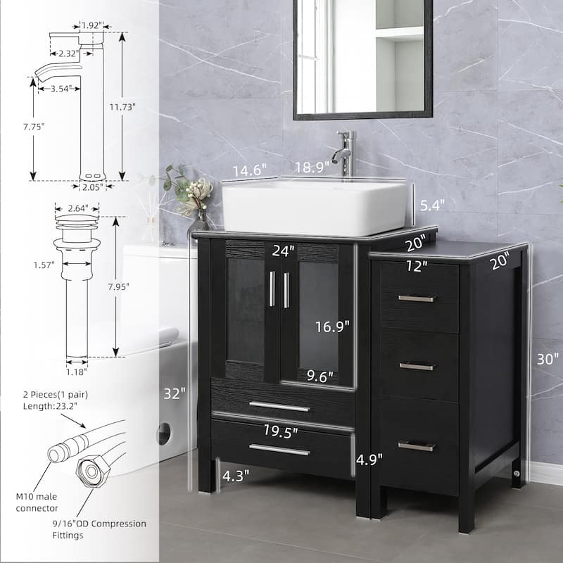 eclife 36" Bathroom Vanity Black Set with Side Cabinet Vessel Sink Faucet Combo