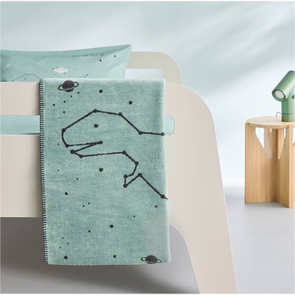 slide 2 of 5, IBENA Star Sign Dinosaur in Space Children's Baby Blanket Dark Grey/Mint Green