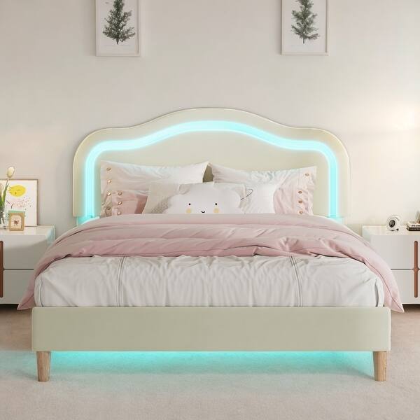 slide 2 of 12, Full Size Velvet Upholstered Smart LED Kids Bed Frame with Adjustable Headboard, No Box Spring Needed, Easy Assembly, Beige Beige