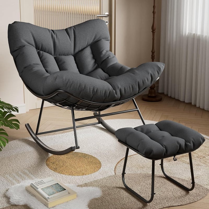 Outdoor Rocking Chair, Oversized Patio Wicker Egg Chair for Balcony Garden with Ottoman - N/A - Grey