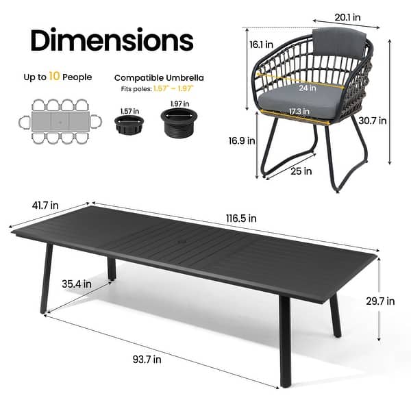 dimension image slide 3 of 7, 7/9/11-Piece Outdoor Patio Dining Set Aluminum Rectangular Dining Table with Umbrella Hole and PE Rattan Chairs - See Picture