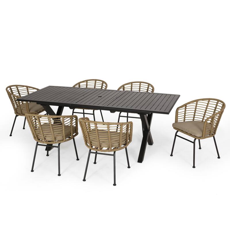 Rogge Outdoor Wicker 7 Piece Dining Set by Christopher Knight Home - Light Brown + Matte Black + Beige