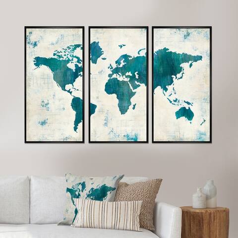 Designart 'Discover the World Map in Blue' Traditional Framed Canvas Wall Art Print Set of 3 - 4 Colors of Frames