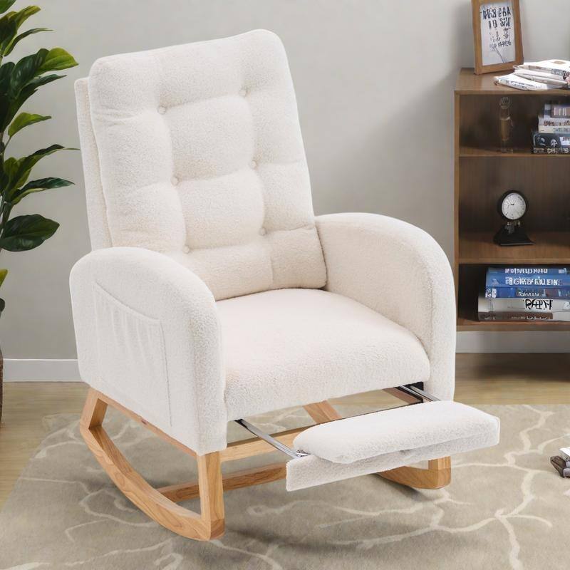 Plush Rocking Chair with Adjustable Footrest and Storage Pocket - Beige+White