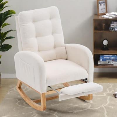Plush Rocking Chair with Adjustable Footrest and Storage Pocket