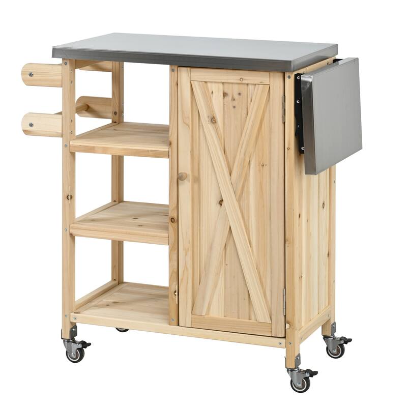 Foldable Outdoor Portable Kitchen Island Cart with Lockable Wheels, Storage Cabinet & Towel Rack