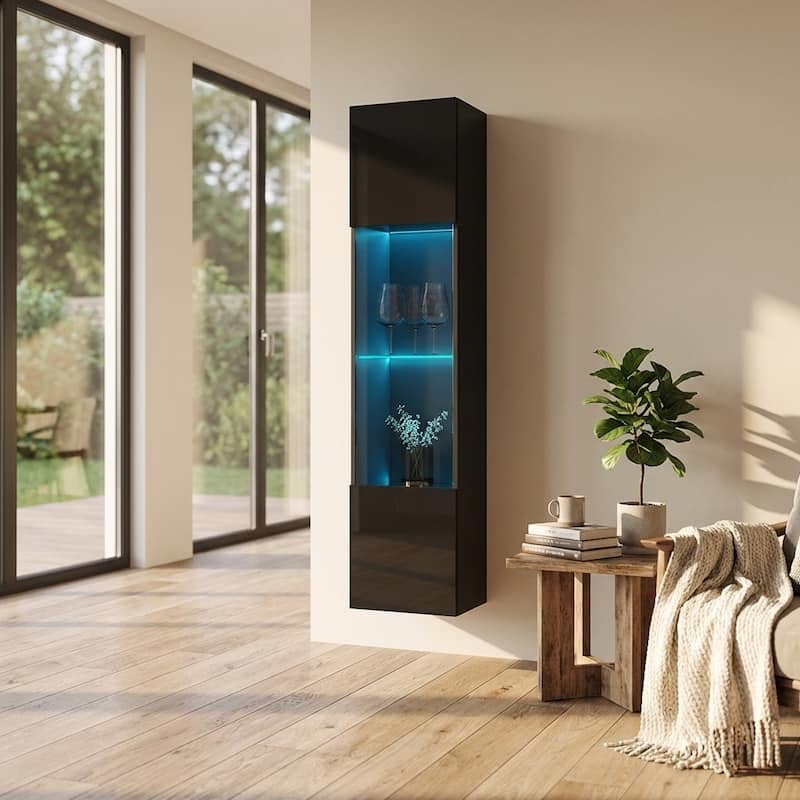 Meble Furniture Booky 42 Wall-Mounted LED Bookcase - 67" Tall Modern Display Cabinet with 16-Color RGB Lighting, High Gloss