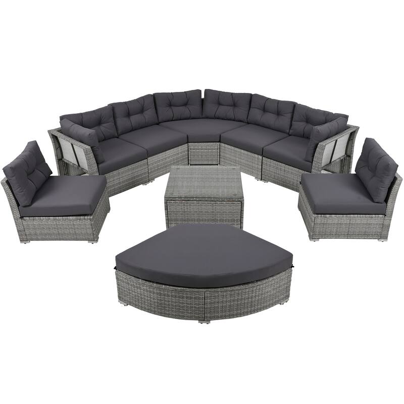 Outdoor Patio Rattan Sectional Set w/ Cushions & Table, Daybed Seating