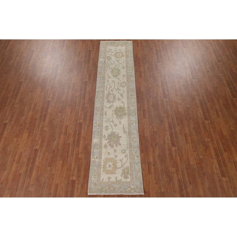 Hand Knotted Oriental 100% Wool Carpet Transitional All-Over Beige & Ivories Oushak Runner Rug - 11' 7'' X 2' 7''