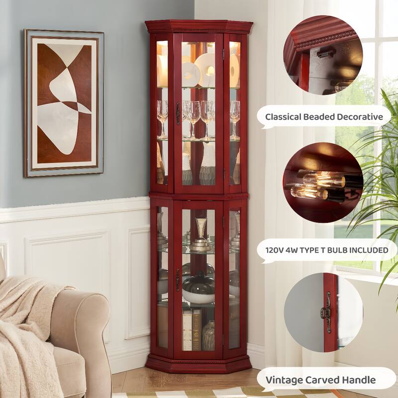Corner Curio Cabinet Lighted Corner Display Cabinet, Bead Bulb Included