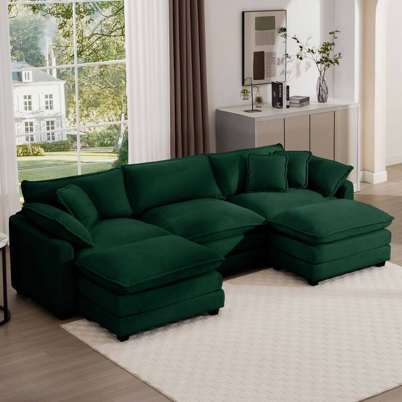 Plush Corduroy U-Shaped Modular Sofa with Convertible Ottoman - 3 Seat Sectional Sofa Bed - Green